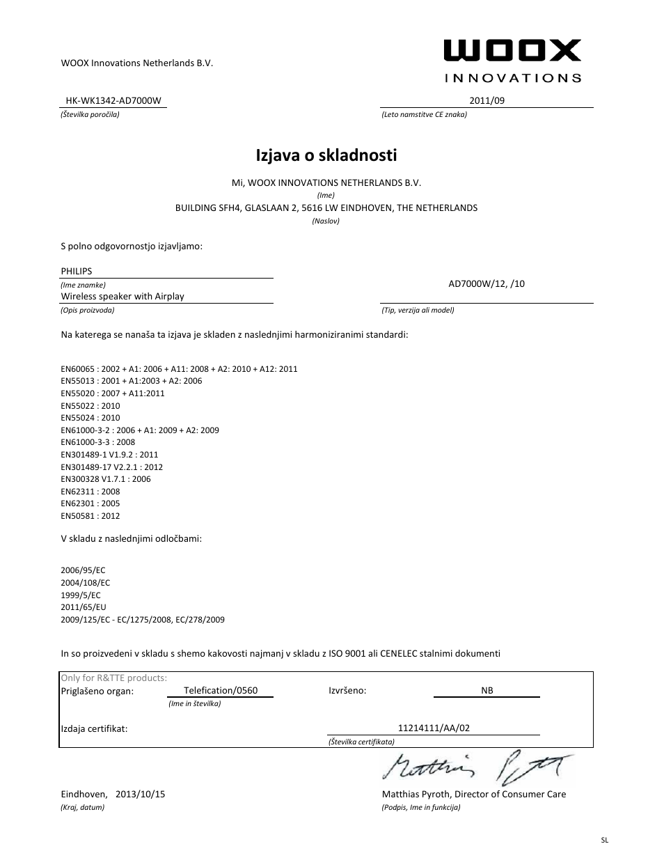 Izjava o skladnosti | Philips Fidelio Enceinte sans fil SoundAvia User Manual | Page 17 / 21