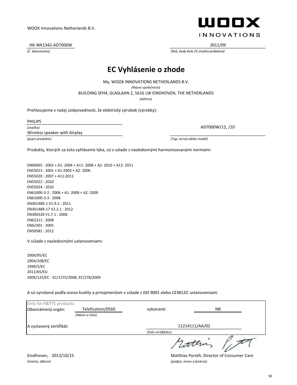 Ec vyhlásenie o zhode | Philips Fidelio Enceinte sans fil SoundAvia User Manual | Page 18 / 21