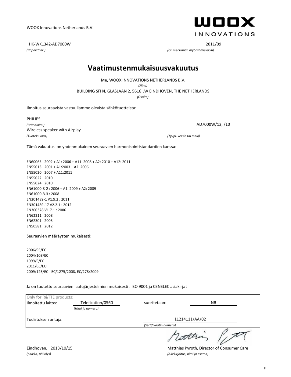 Vaatimustenmukaisuusvakuutus | Philips Fidelio Enceinte sans fil SoundAvia User Manual | Page 6 / 21