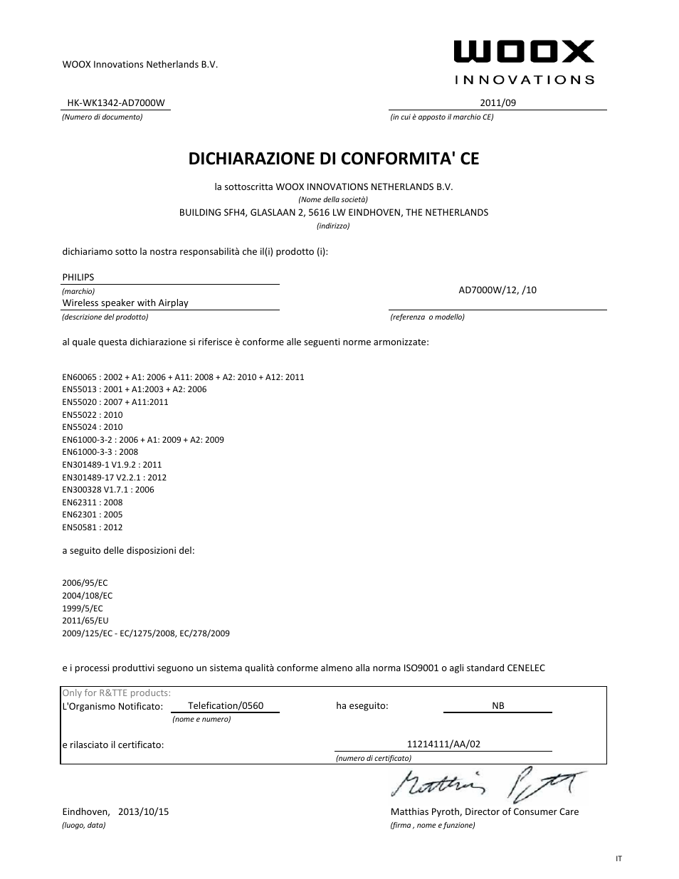 Dichiarazione di conformita' ce | Philips Fidelio Enceinte sans fil SoundAvia User Manual | Page 9 / 21