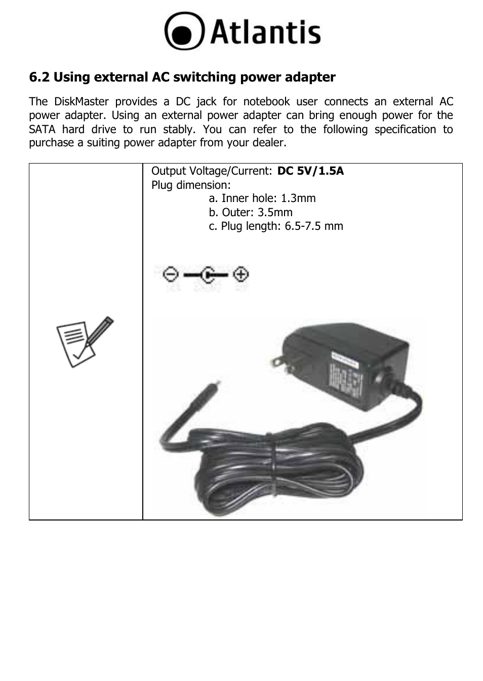 2 using external ac switching power adapter | Atlantis DISKMASTER HDE 103 User Manual | Page 31 / 37