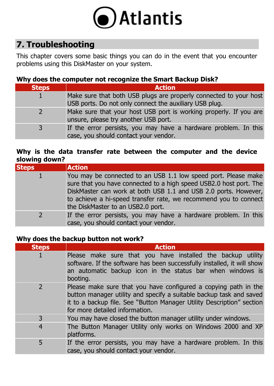 Troubleshooting | Atlantis DISKMASTER HDE 103 User Manual | Page 32 / 37