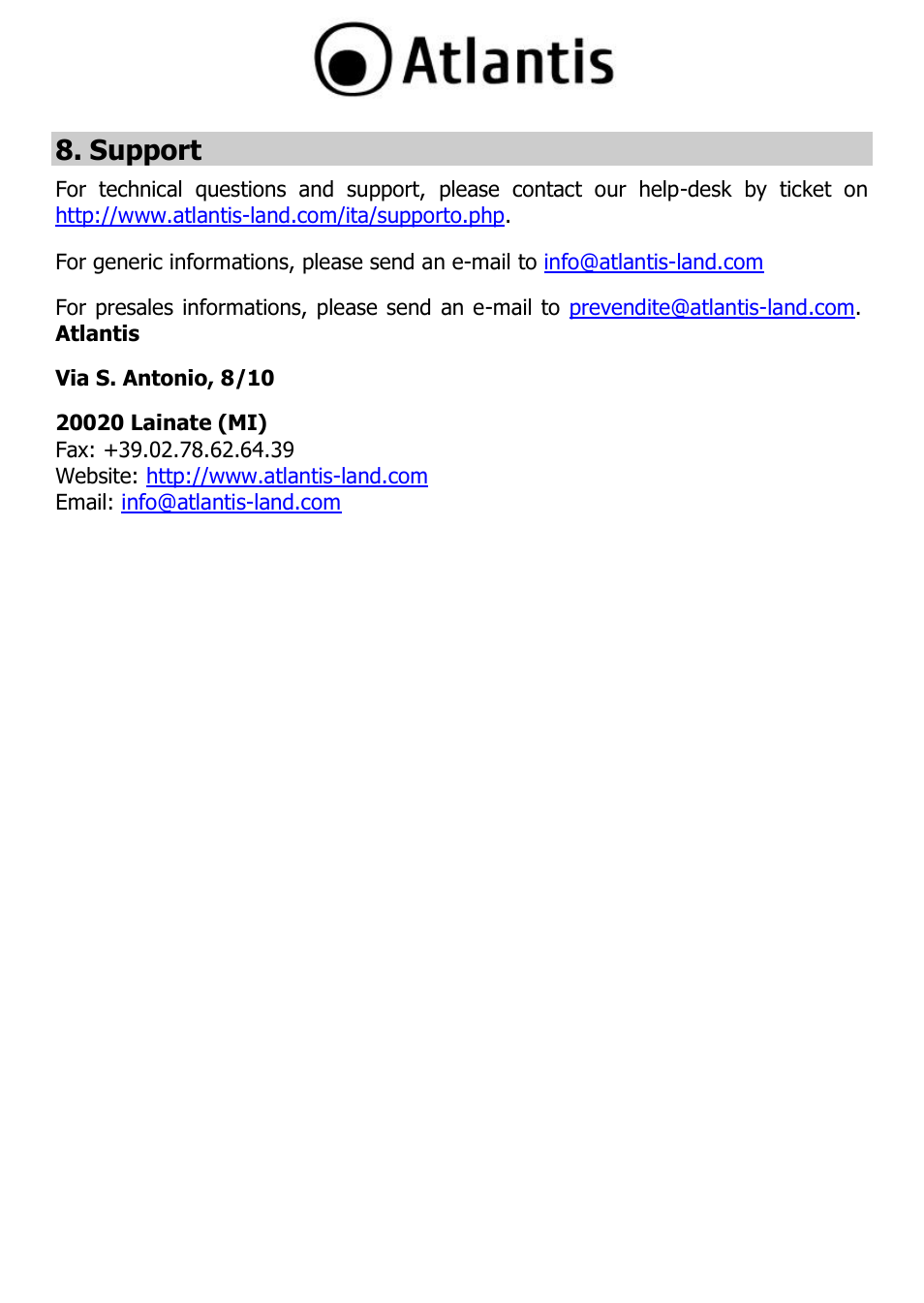Support | Atlantis DISKMASTER HDE 103 User Manual | Page 34 / 37
