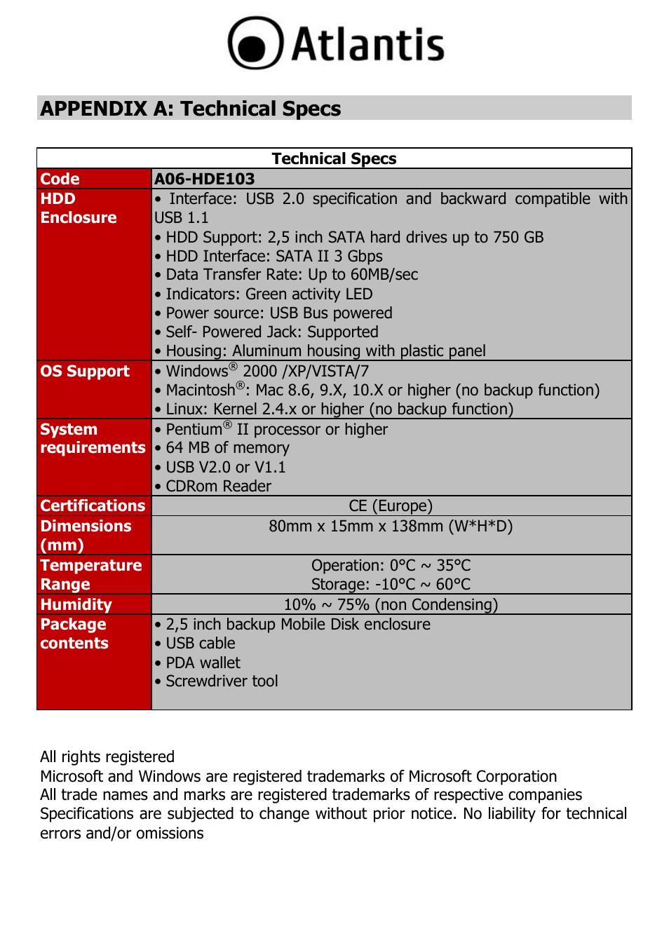 Appendix a: technical specs | Atlantis DISKMASTER HDE 103 User Manual | Page 35 / 37