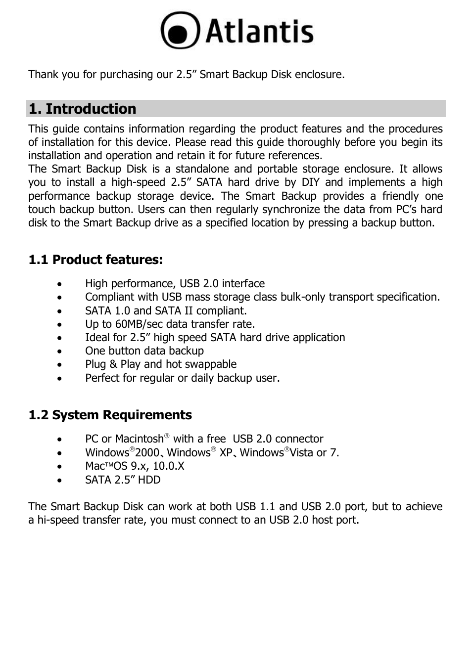 Introduction, 1 product features, 2 system requirements | Atlantis DISKMASTER HDE 103 User Manual | Page 8 / 37