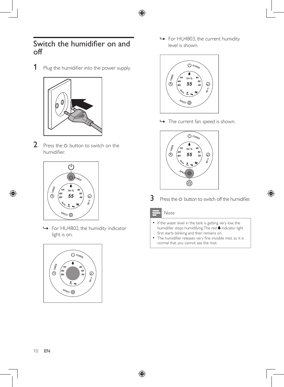 Switch the humidifier on and off 1 | Philips Humidificateur d'air User Manual | Page 10 / 108
