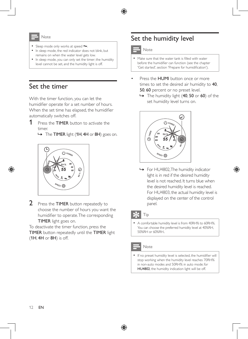 Set the timer, Set the humidity level | Philips Humidificateur d'air User Manual | Page 12 / 108