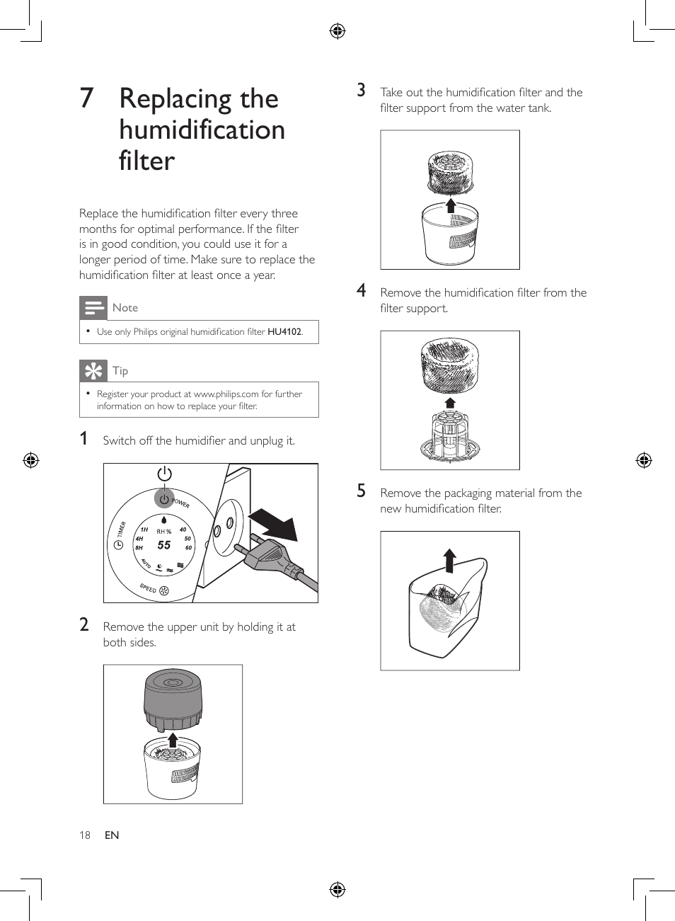 7 replacing the humidification filter | Philips Humidificateur d'air User Manual | Page 18 / 108
