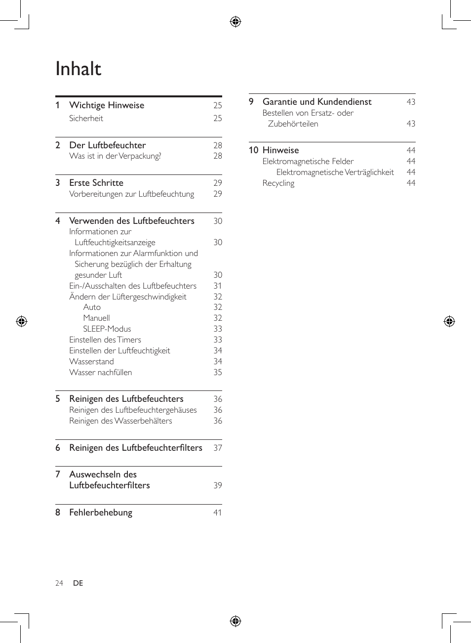 Inhalt | Philips Humidificateur d'air User Manual | Page 24 / 108