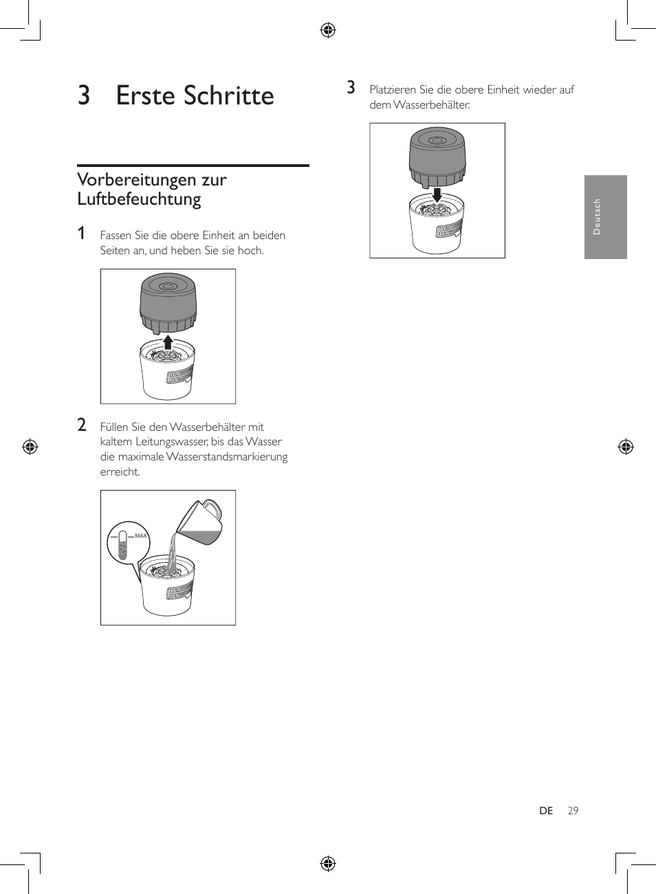 3 erste schritte, Vorbereitungen zur luftbefeuchtung 1 | Philips Humidificateur d'air User Manual | Page 29 / 108
