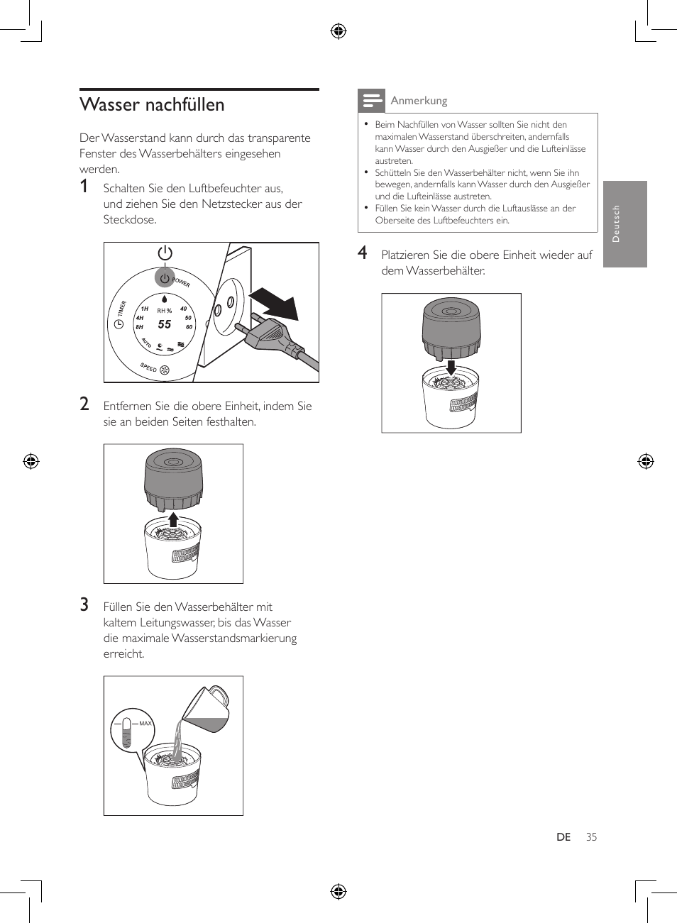 Wasser nachfüllen | Philips Humidificateur d'air User Manual | Page 35 / 108