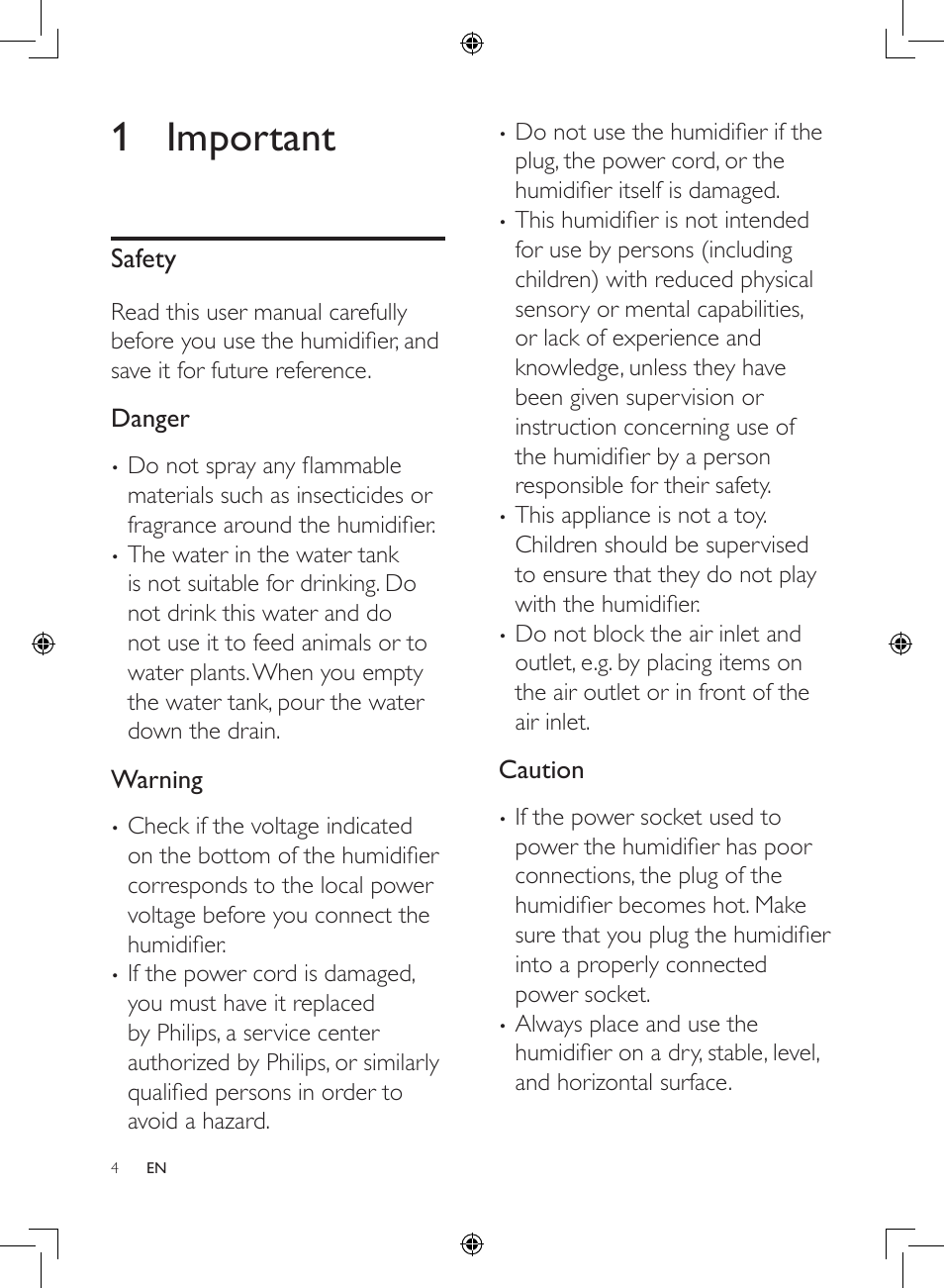 1 important, Safety, Danger | Warning, Caution | Philips Humidificateur d'air User Manual | Page 4 / 108