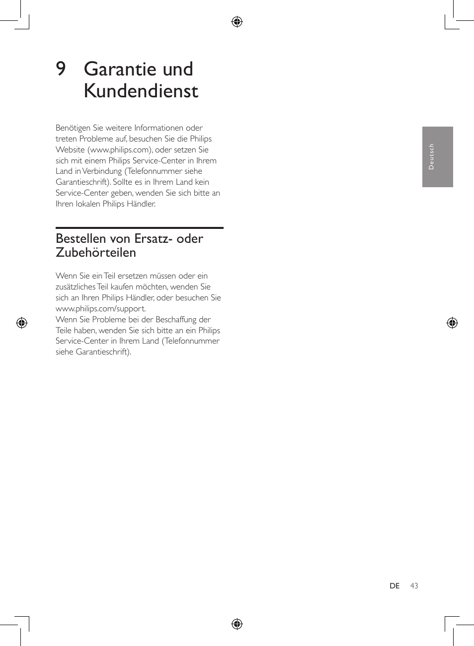 9 garantie und kundendienst, Bestellen von ersatz- oder zubehörteilen | Philips Humidificateur d'air User Manual | Page 43 / 108