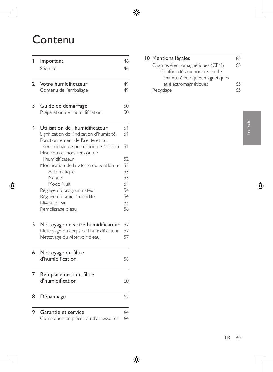 Contenu | Philips Humidificateur d'air User Manual | Page 45 / 108