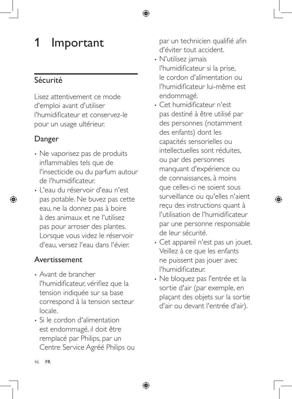 1 important, Sécurité, Danger | Avertissement | Philips Humidificateur d'air User Manual | Page 46 / 108