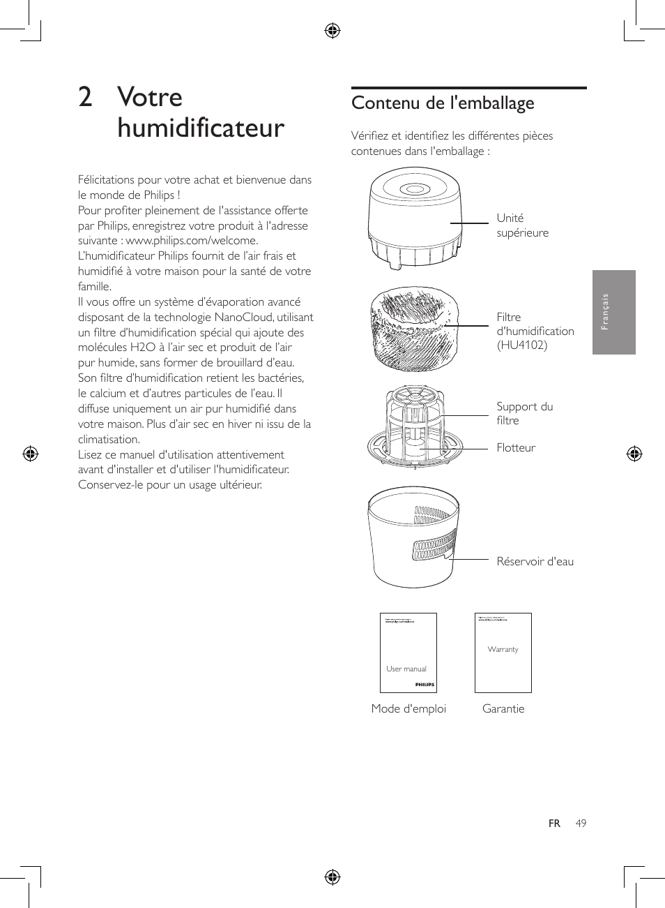 2 votre humidificateur, Contenu de l'emballage | Philips Humidificateur d'air User Manual | Page 49 / 108