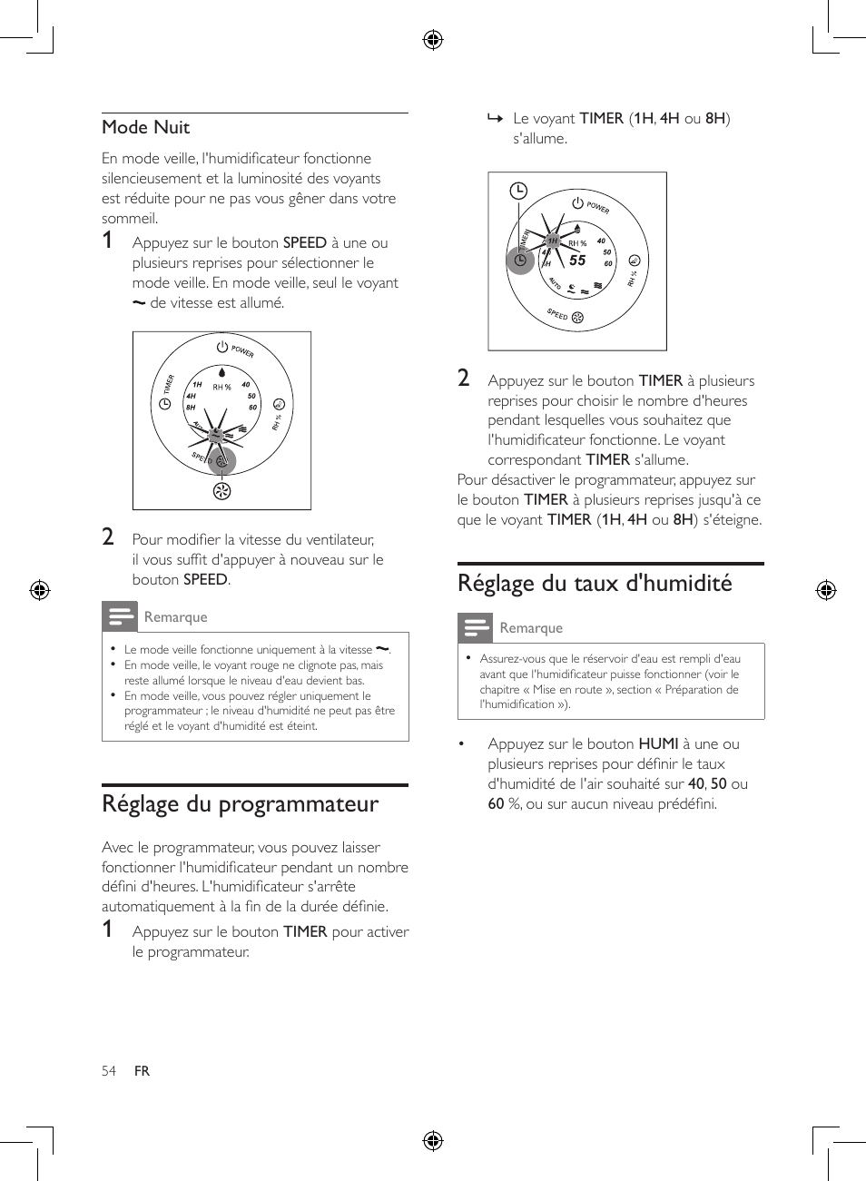 Réglage du programmateur, Réglage du taux d'humidité, Mode nuit | Philips Humidificateur d'air User Manual | Page 54 / 108