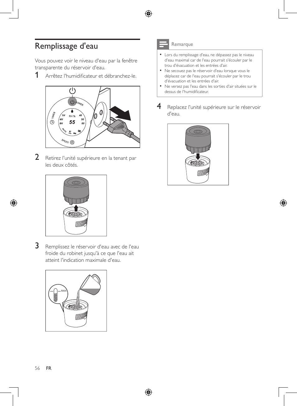 Remplissage d'eau | Philips Humidificateur d'air User Manual | Page 56 / 108