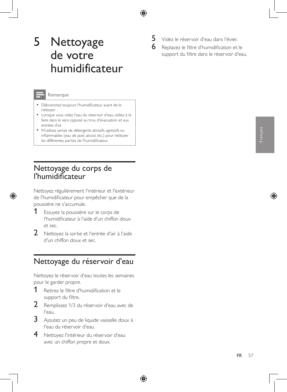 5 nettoyage de votre humidificateur, Nettoyage du corps de l'humidificateur, Nettoyage du réservoir d'eau | Philips Humidificateur d'air User Manual | Page 57 / 108