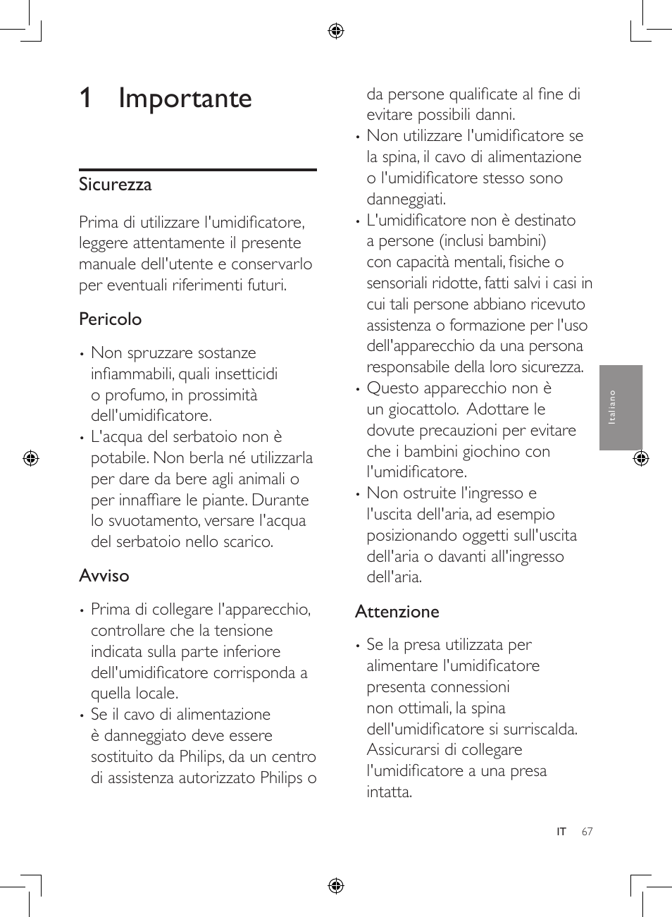 1 importante, Sicurezza, Pericolo | Avviso, Attenzione | Philips Humidificateur d'air User Manual | Page 67 / 108