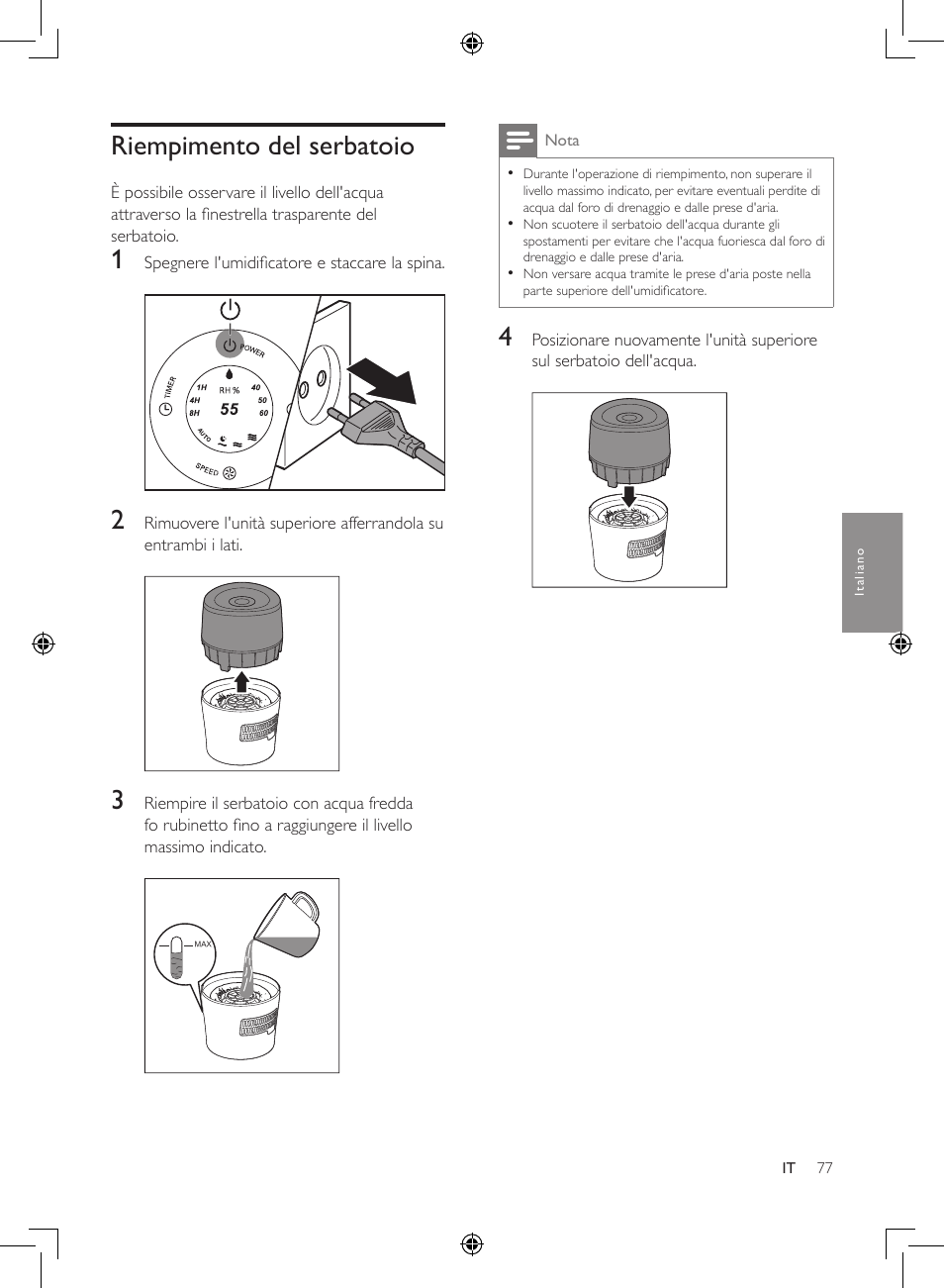 Riempimento del serbatoio | Philips Humidificateur d'air User Manual | Page 77 / 108