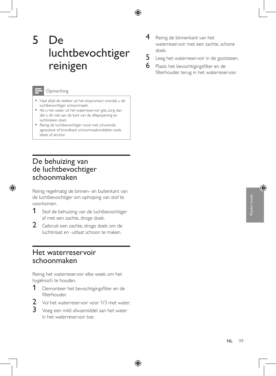 5 de luchtbevochtiger reinigen, De behuizing van de luchtbevochtiger schoonmaken, Het waterreservoir schoonmaken | Philips Humidificateur d'air User Manual | Page 99 / 108