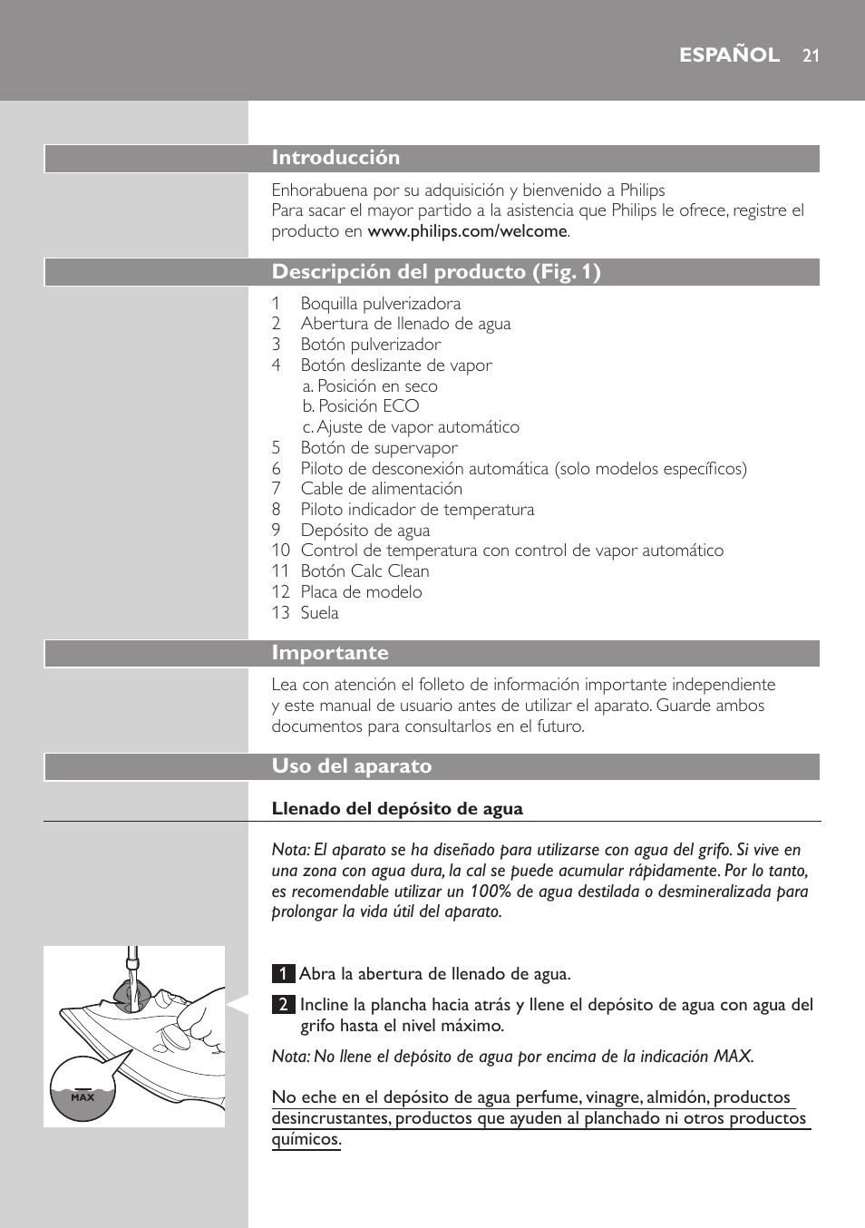 Español | Philips Azur Performer Fer vapeur User Manual | Page 21 / 31