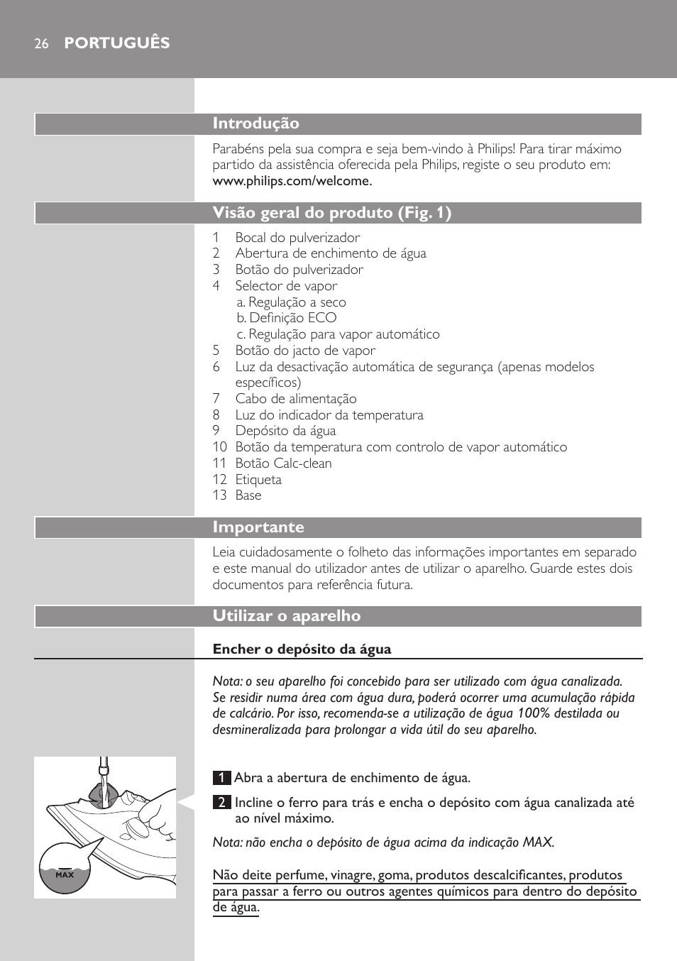 Português | Philips Azur Performer Fer vapeur User Manual | Page 26 / 31