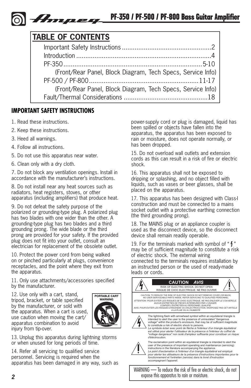 Ampeg PF-350 User Manual | Page 2 / 20