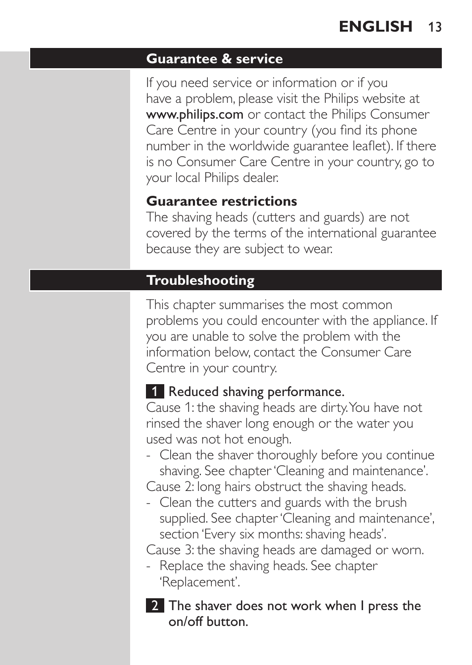 Guarantee restrictions, Guarantee & service, Troubleshooting | Philips Rasoir électrique User Manual | Page 11 / 96