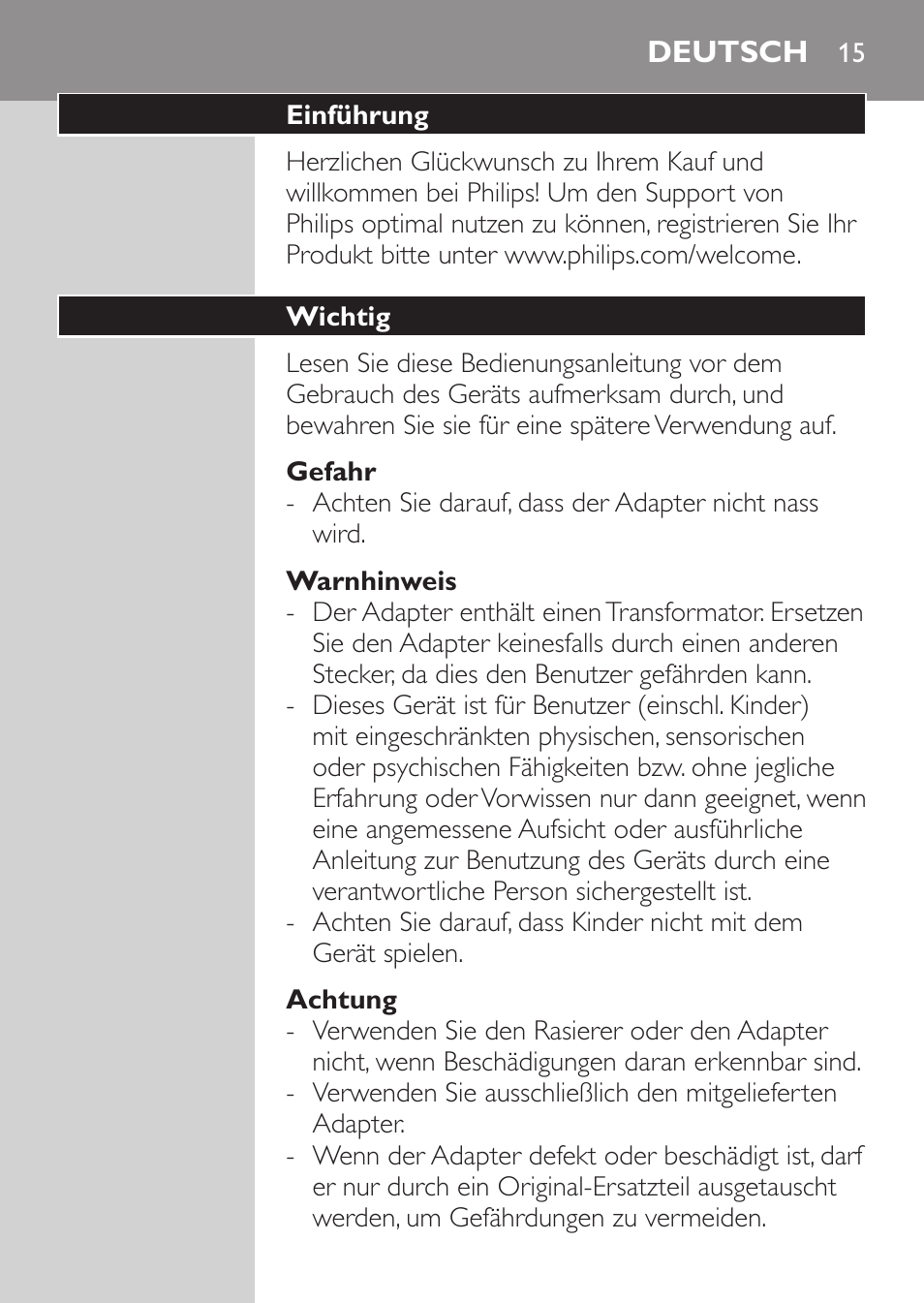 Gefahr, Warnhinweis, Achtung | Deutsch, Einführung, Wichtig | Philips Rasoir électrique User Manual | Page 13 / 96