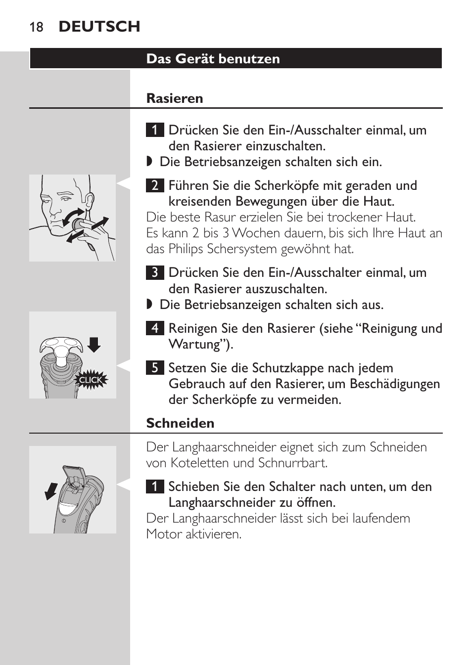 Das gerät benutzen, Rasieren, Schneiden | Philips Rasoir électrique User Manual | Page 16 / 96