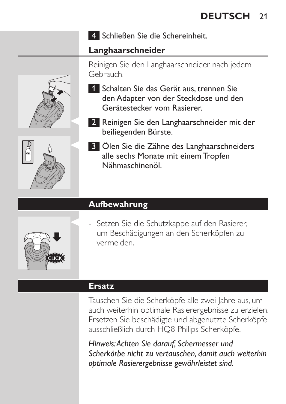 Langhaarschneider, Aufbewahrung, Ersatz | Philips Rasoir électrique User Manual | Page 19 / 96