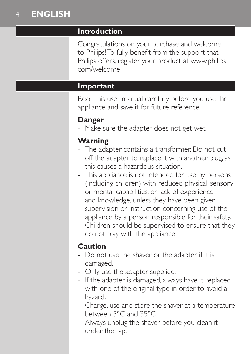 English, Introduction, Important | Danger, Warning, Caution | Philips Rasoir électrique User Manual | Page 2 / 96