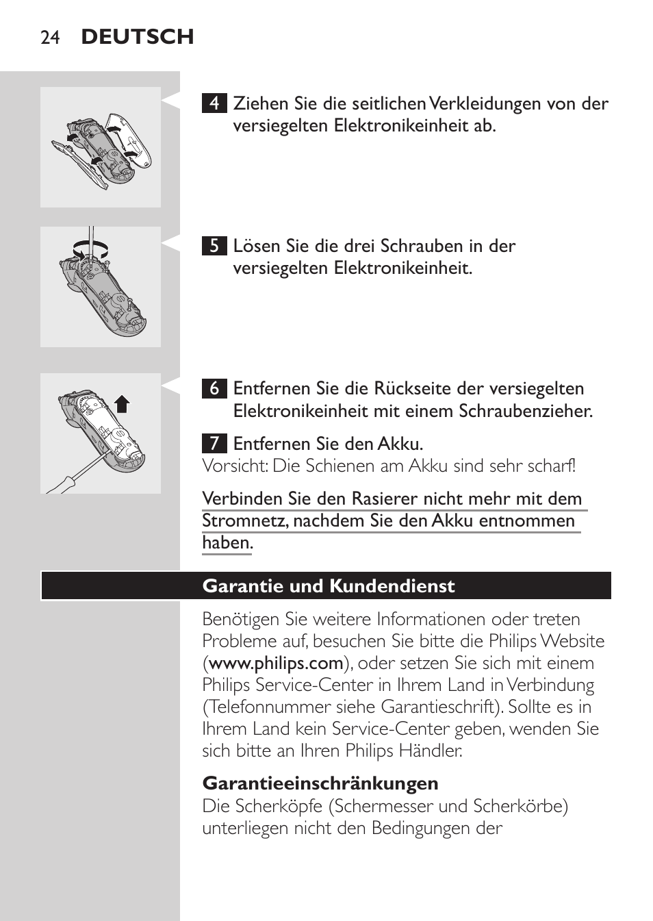 Garantieeinschränkungen, Garantie und kundendienst | Philips Rasoir électrique User Manual | Page 22 / 96