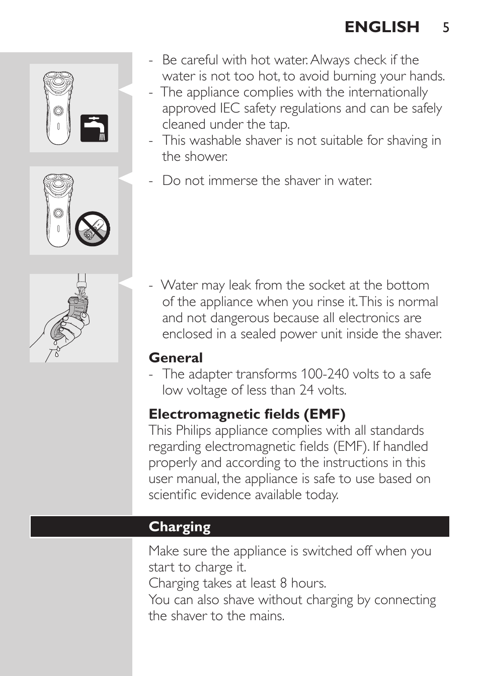 General, Electromagnetic fields (emf), Charging | Philips Rasoir électrique User Manual | Page 3 / 96
