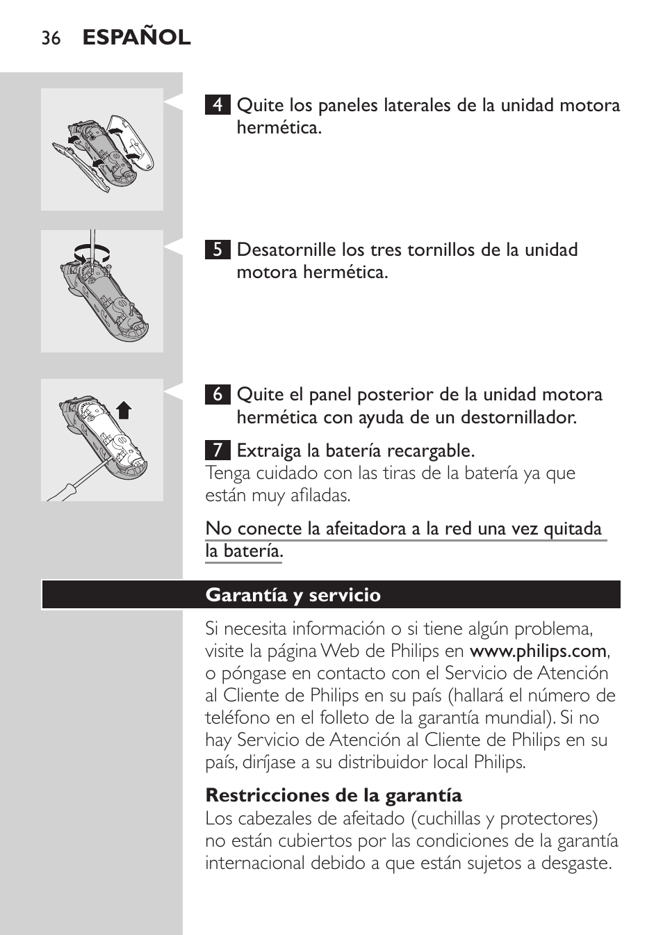 Restricciones de la garantía, Garantía y servicio | Philips Rasoir électrique User Manual | Page 34 / 96