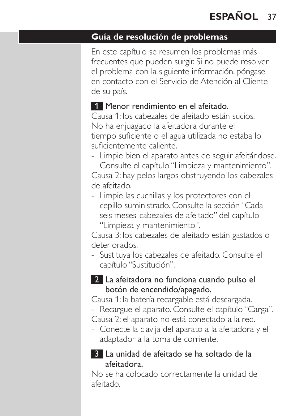 Guía de resolución de problemas | Philips Rasoir électrique User Manual | Page 35 / 96