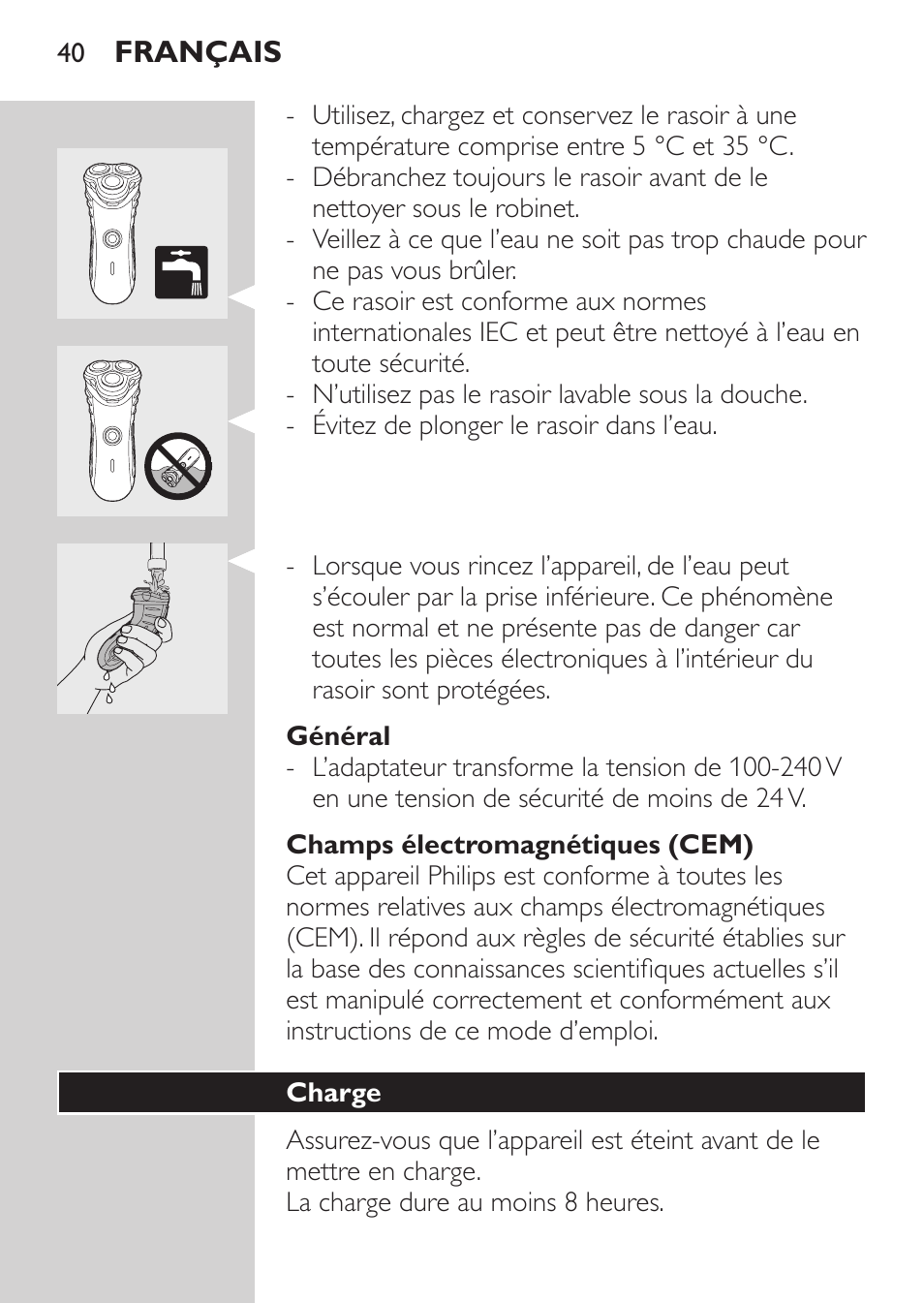 Général, Champs électromagnétiques (cem), Charge | Philips Rasoir électrique User Manual | Page 38 / 96