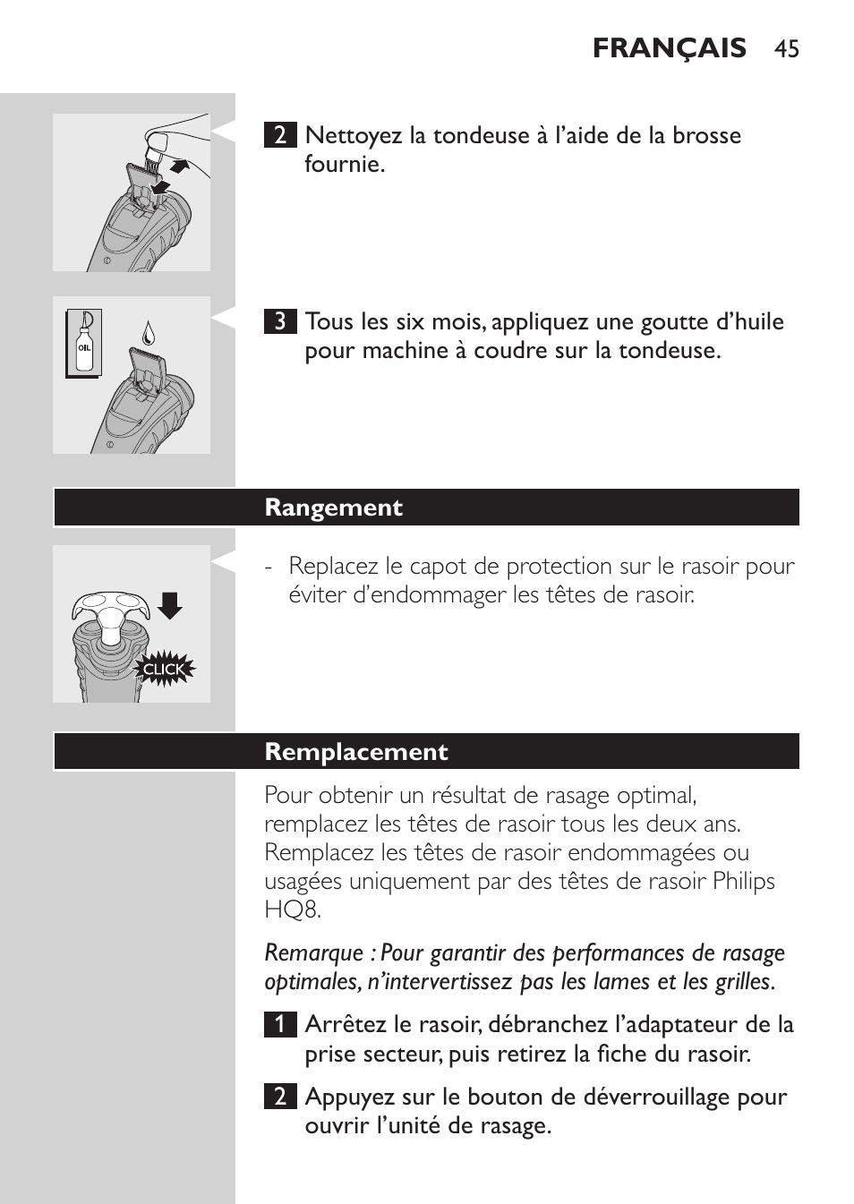 Rangement, Remplacement | Philips Rasoir électrique User Manual | Page 43 / 96