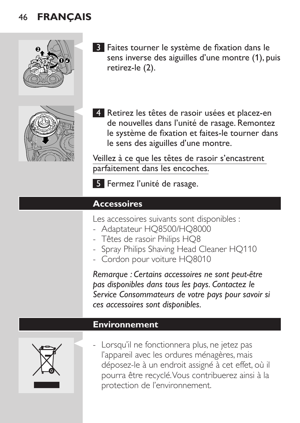 Accessoires, Environnement | Philips Rasoir électrique User Manual | Page 44 / 96