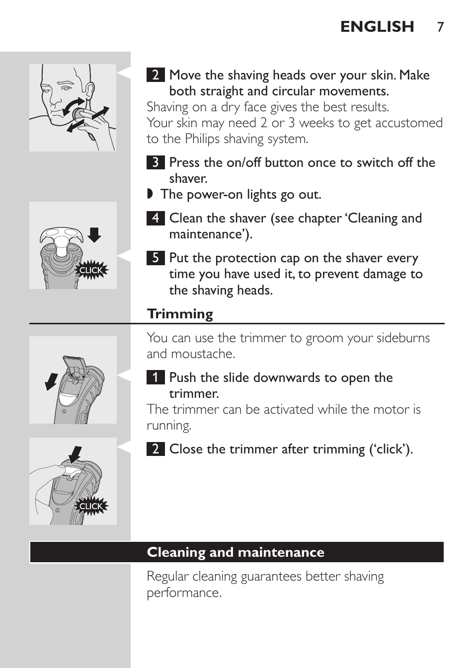 Trimming, Cleaning and maintenance | Philips Rasoir électrique User Manual | Page 5 / 96