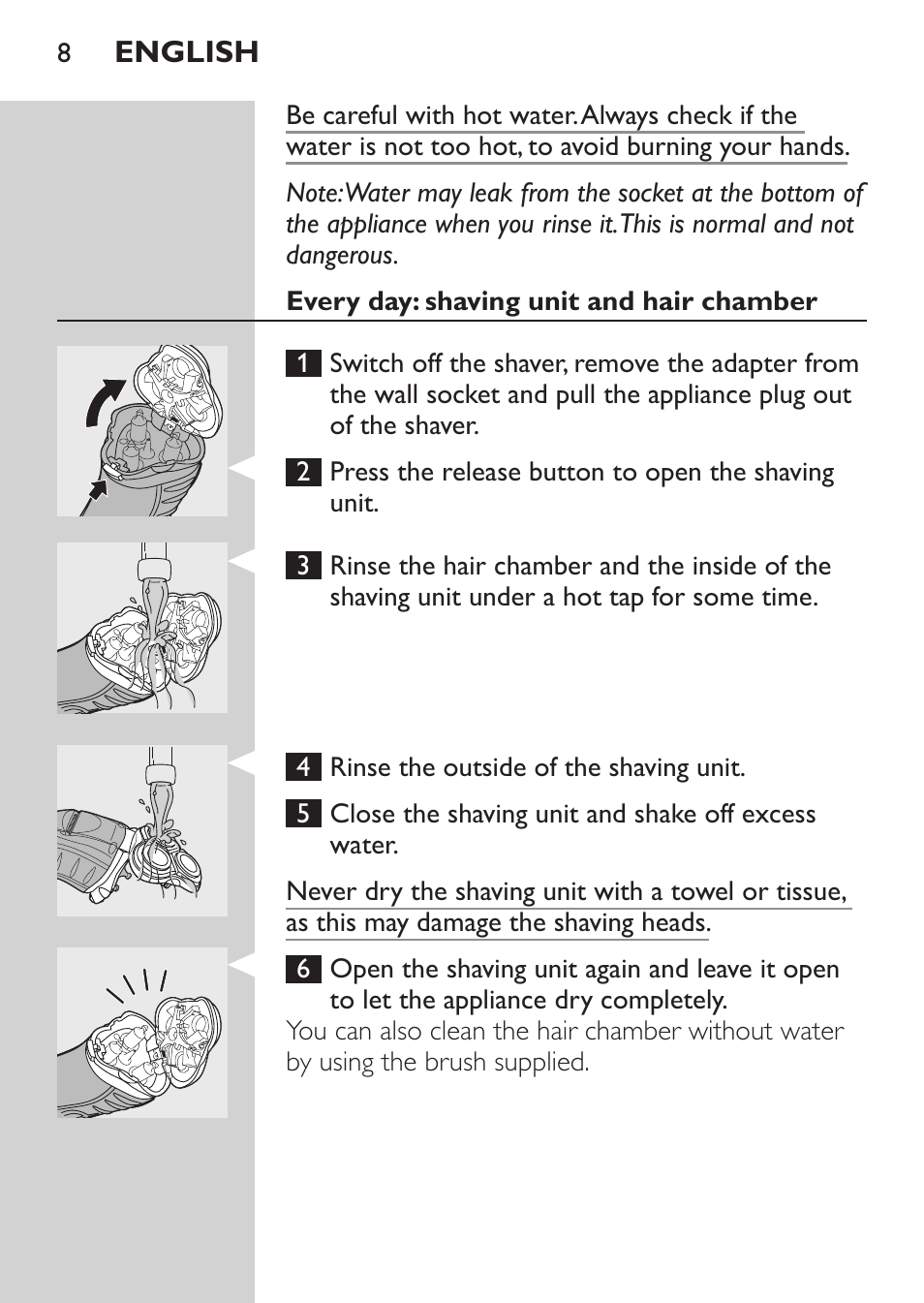 Every day: shaving unit and hair chamber | Philips Rasoir électrique User Manual | Page 6 / 96