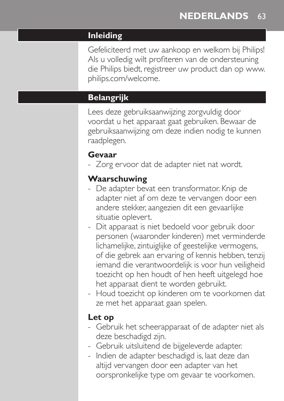 Gevaar, Waarschuwing, Let op | Nederlands, Inleiding, Belangrijk | Philips Rasoir électrique User Manual | Page 61 / 96