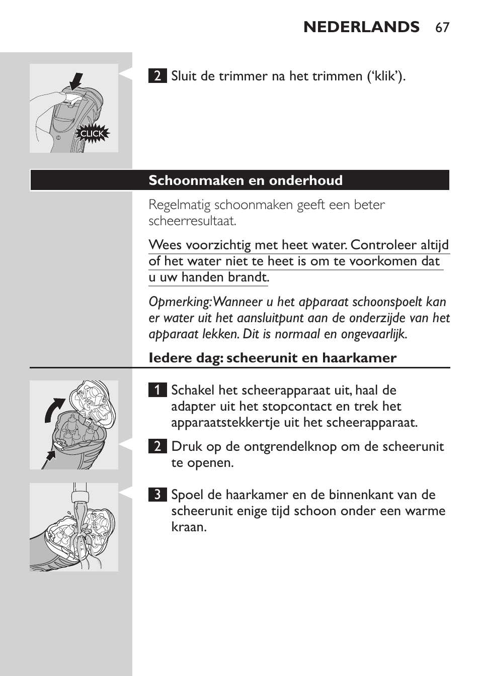 Schoonmaken en onderhoud, Iedere dag: scheerunit en haarkamer | Philips Rasoir électrique User Manual | Page 65 / 96