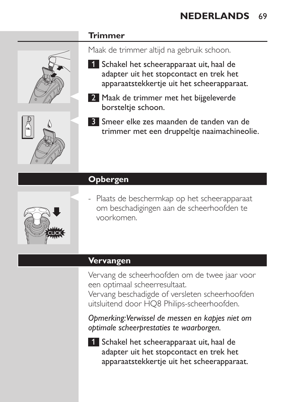 Trimmer, Opbergen, Vervangen | Philips Rasoir électrique User Manual | Page 67 / 96