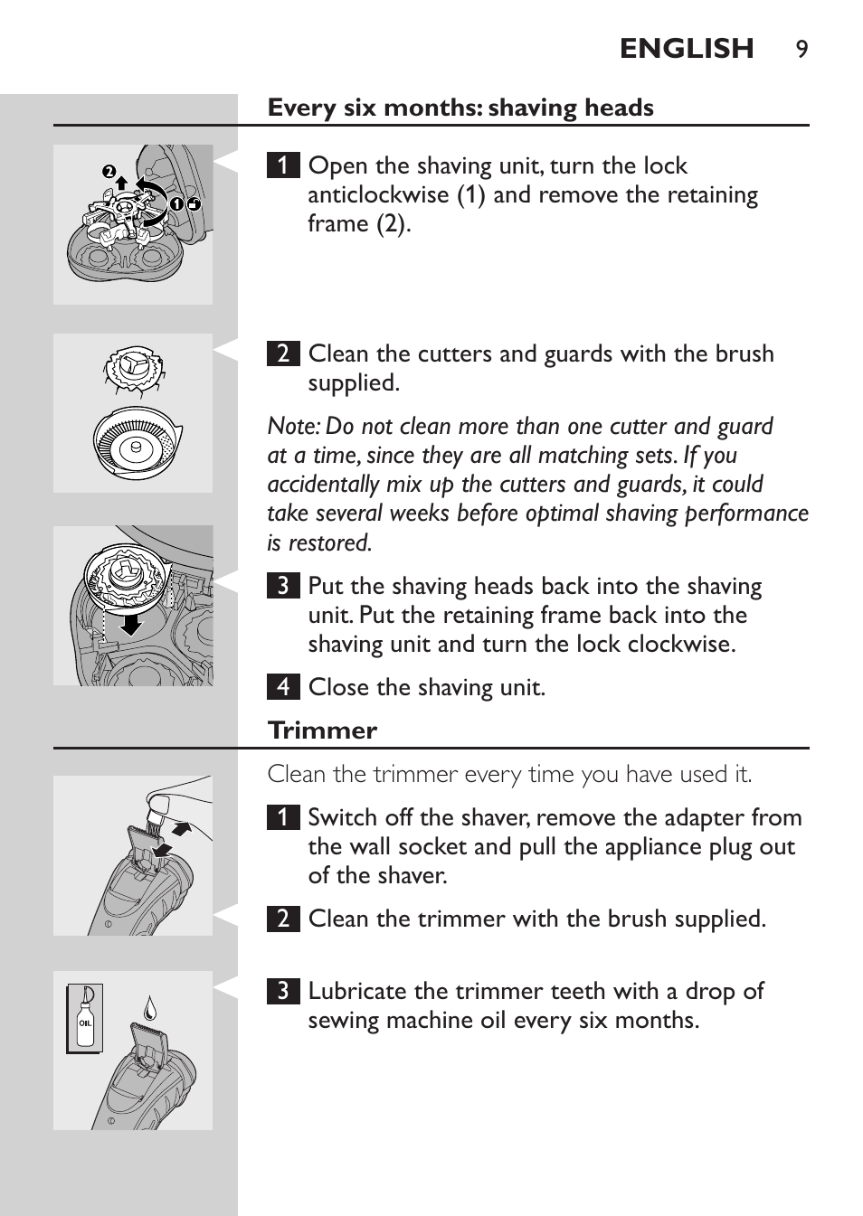 Every six months: shaving heads, Trimmer | Philips Rasoir électrique User Manual | Page 7 / 96