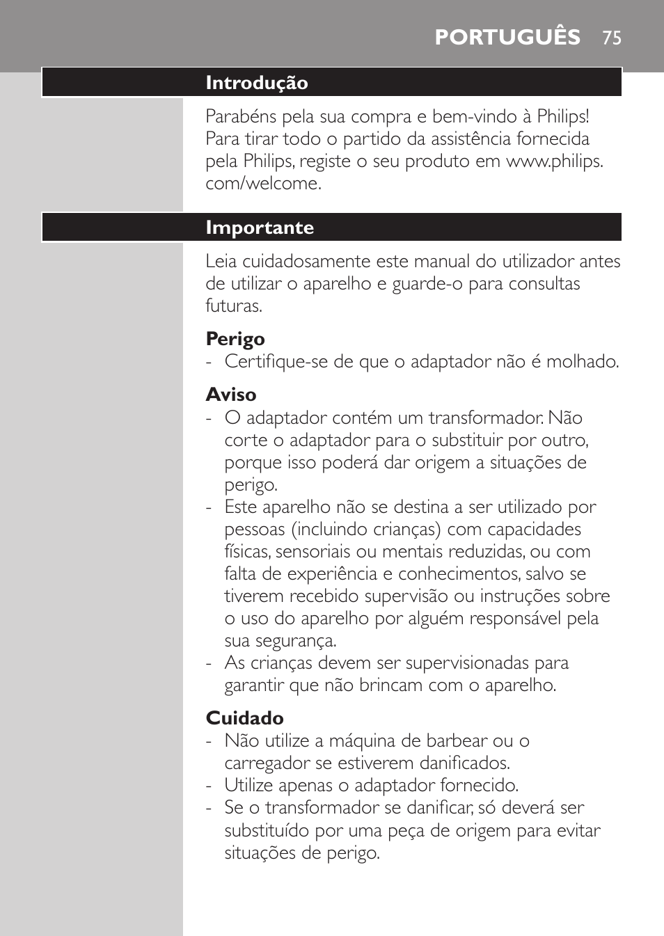 Perigo, Aviso, Cuidado | Português, Introdução, Importante | Philips Rasoir électrique User Manual | Page 73 / 96