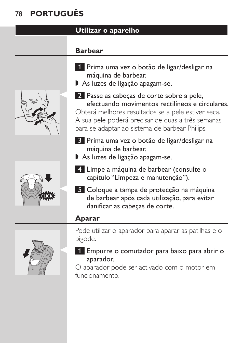 Utilizar o aparelho, Barbear, Aparar | Philips Rasoir électrique User Manual | Page 76 / 96