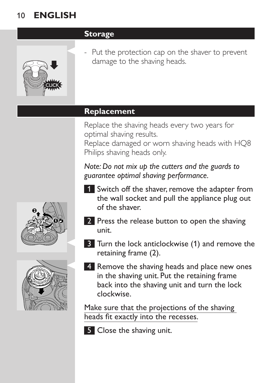 Storage, Replacement | Philips Rasoir électrique User Manual | Page 8 / 96